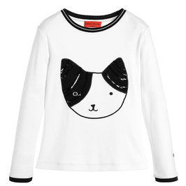 White T-shirt with Sequins Cat Face Patch