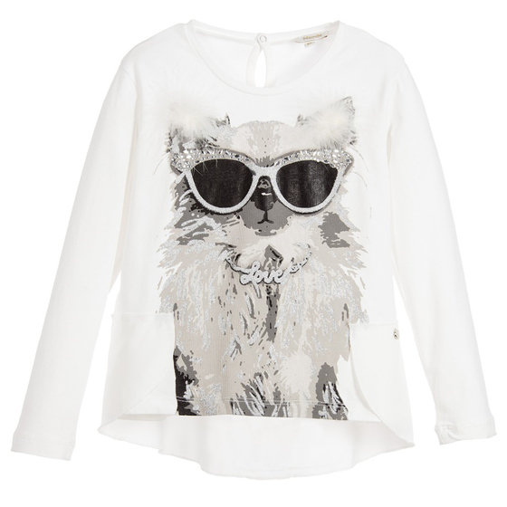 Girls White and Gray Cute Dog Print T-Shirt