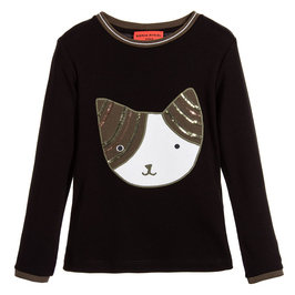 Black T-shirt with Sequins Cat Face Patch